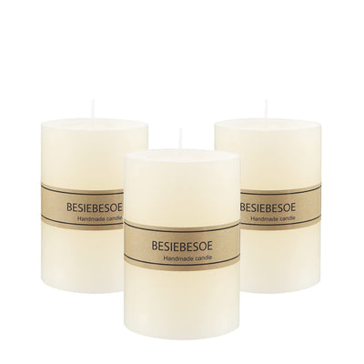 Pillar Candles Set of 3 Unscented Handpoured Weddings, Home Decoration, Restaurants, Spa, Church Smokeless Cotton 120 Hour (3×4 Ivory)…