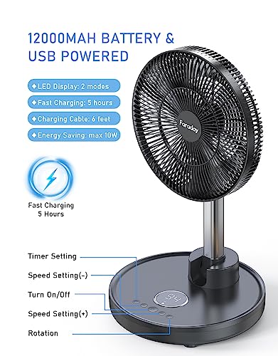 FARADAY Oscillating Standing Fan 12” Foldable Portable Quiet Floor Fan 12000mAh Rechargeable Pedestal Fan with Remote, Timer Setting, Height Adjustable Foldaway Fan for Bedroom Home Office, 6 Speed