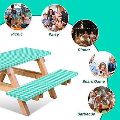 RNOONY Vinyl Fitted Picnic Table Cover with Bench Covers and Bag, Outdoor Waterproof Picnic Tablecloth with Elastic Edges, 72x30 Inches 3 Pcs Set (Green)