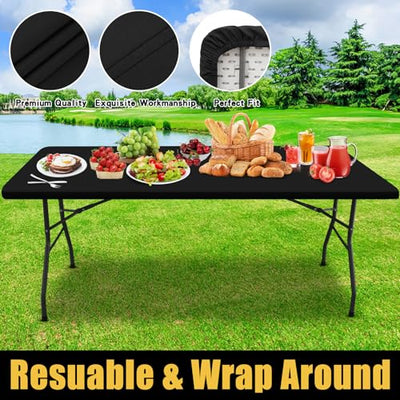 smiry Rectangle Picnic Table Cloth, Waterproof Elastic Fitted Tablecloths for 4 Foot Tables, Washable Polyester Table Cover for Camping, Indoor and Outdoor (Black, 30"x48")