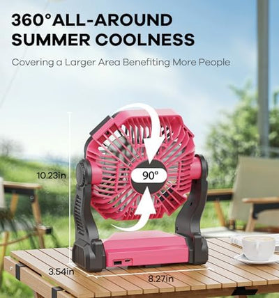 DOWILLDO Camping Fan with LED Lantern, 10400mah Portable Battery Operated Outdoor Fan, Personal Rechargeable Fan for Travel, Hiking, Fishing, Picnic (Pink)