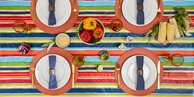 DII Vinyl Tabletop Collection Indoor/Outdoor Spill-Proof Flannel Backed Tablecloth, Rectangle, 60x84, Summer Stripe