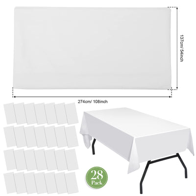 Tegeme Rectangular Plastic Tablecloth, 28 Pack Disposable Table Cloths 54 x 108 Inches, Waterproof Sturdy Material for Kitchen, Dining Room, Party, Wedding, Picnic, Camping (White)