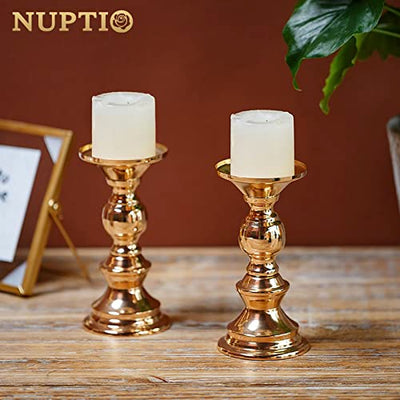 Nuptio Pillar Candle Holders, Wedding Centerpieces Metal Candle Holder Candles Stand Decoration Ideal for Weddings Special Events Parties Living Room (2 Pcs, Gold)