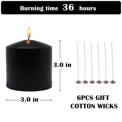 MISSYO 6 Pack Black 3x3 Inches Pillar Candles for Halloween, 36 Hour Long Burning Unscented Column Candles, Dripless and Smokeless Candles for Home Weddings Restaurant Spa Church and Emergency