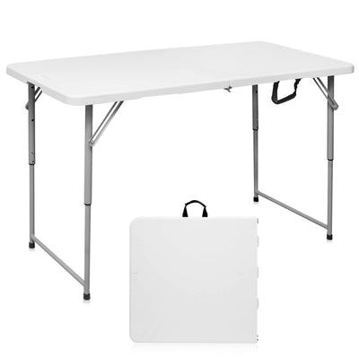 Byliable Folding Table 4 Foot Portable Heavy Duty Plastic Fold-in-Half Utility Table Small Indoor Outdoor Adjustable Height Folding Table with Carrying Handle, Camping and Party,White