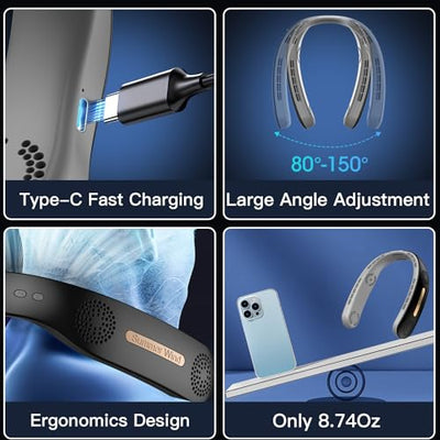 OLV Neck Fan 4 Turbo 6000mAh Portable Neck Fan 360°Cooling Airflow Bladeless Neck Fan USB Rechargeable with 3 Speeds Adjustment Wearable Personal Fan for Outdoor Travel Indoor - Black