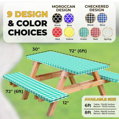 RNOONY Vinyl Fitted Picnic Table Cover with Bench Covers and Bag, Outdoor Waterproof Picnic Tablecloth with Elastic Edges, 72x30 Inches 3 Pcs Set (Green)