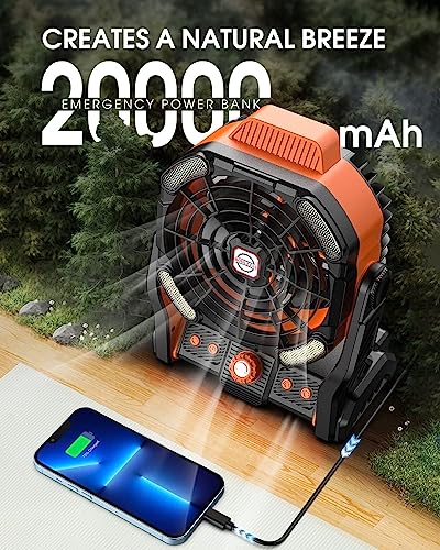 DOWILLDO 20000mAh Battery Powered Portable Fan - Rechargeable Outdoor Camping Fan with LED Lantern, Personal Cooling Fan for Bedroom with Cold Air, Table Fan for Travel, Hiking, Fishing, Picnic