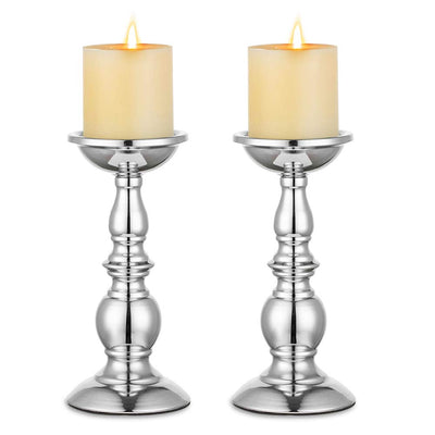 Nuptio Silver Pillar Candle Holders, Wedding Centerpieces Metal Candle Holder for 3 inches Candles Stand Decoration Ideal for Weddings Special Events Parties Living Room, 2 Pcs