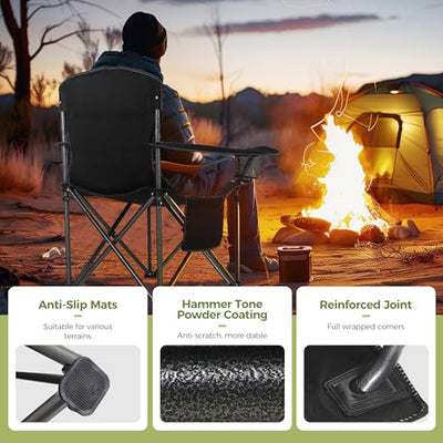ALPHA CAMP Oversized Camping Folding Chair, Heavy Duty Support 450 LBS Steel Frame Collapsible Padded Arm Chair with Cup Holder Quad Lumbar Back, Portable for Outdoor,Black