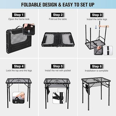 RedSwing Folding Grill Table, Lightweight Height Adjustable Aluminum Table with Mesh Desktop and Mesh Bag for Outdoor Camping Picnic BBQ, 2 Feet, Black