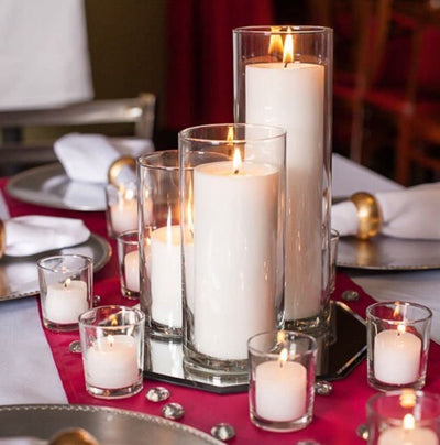 Set of 36 Glass Eastland Cylinder Vases and 36 White Richland Pillar Candles 3"
