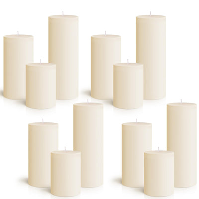 Set of 12 Poured Pillar Candle 3"x 4", 6", 8" Dripless Unscented Candles Long Clean Burning Rustic Country Style Ideal for Wedding, Home Decor, Relaxation and Other Occasions (Ivory White)