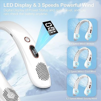 VEKK Neck Fan, Portable Bladeless Fan, 6000mAh Battery USB Rechargeable, LED Display, 360° Cooling Wearable Personal Fan, 3 Speeds, Quiet, Hands Free Neck Fans for Travel, Outdoor, Camping