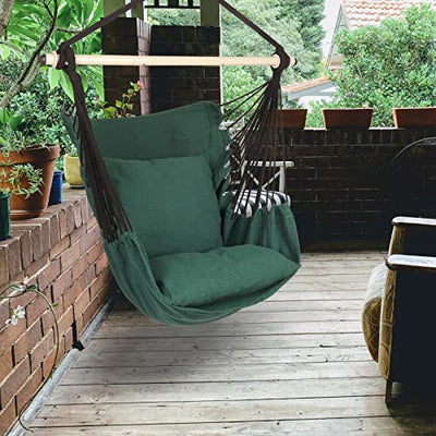 Highwild Hammock Chair Hanging Rope Swing - Max 500 Lbs - 2 Cushions Included - Steel Spreader Bar with Anti-Slip Rings - for Any Indoor or Outdoor Spaces (Green)