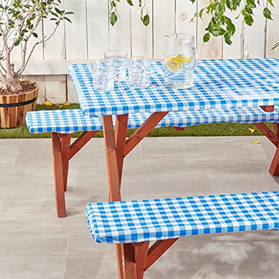 Violet Linen Deluxe Checkered Gingham Pattern, Vinyl Tablecloth Elestic, Polyester Flannel Backed Lining, Blue, 28 x 72 Inch, 3-Piece Set, Picnic Table and Bench Fitted Table Cover
