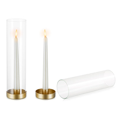 NUPTIO Gold Taper Candle Holders: 2 Pcs Hurricane Metal Candlestick Holder Stand with 11.81 inch Tall Clear Glass Open Ended Cylinder Covers for Tapered Candles Wedding Party Centerpieces for Tables