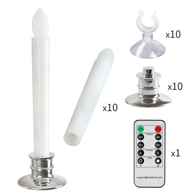 Window Candles with Remote Timers 10PCS Battery Operated Flickering Flameless Led Electric Candle Lights with Silver Base and 10PCS Suction Cups Taper Candles Holder for Christmas Decorations