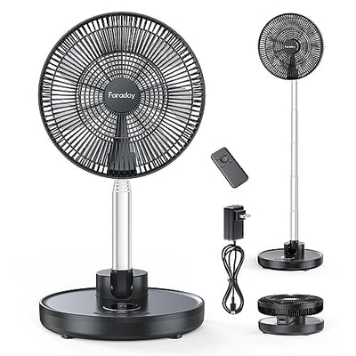 FARADAY Oscillating Standing Fan 12” Foldable Portable Quiet Floor Fan 12000mAh Rechargeable Pedestal Fan with Remote, Timer Setting, Height Adjustable Foldaway Fan for Bedroom Home Office, 6 Speed