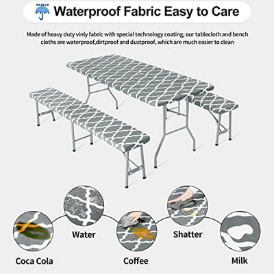 OutdoorLines Vinyl Fitted Picnic Table Cover with Bench Covers - Waterproof Camping Tablecloth for Picnic Table, Elastic Picnic Table Covers for Outdoor, Camping (Moroccon Gray 72x30 Inch, 3 Pcs)
