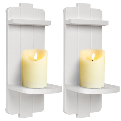 Rustic Wood Wall Sconces Set of 2 - Farmhouse Floating Candle Holders for Home Decor, White Wall Shelf for Living Room, Dining Room, Bedroom, Bathroom