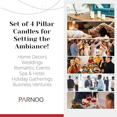 Unscented Pillar Candles - Set of 4 White Pillar Candles Made with Paraffin Wax & Cotton Wick - 3x6 Slow Burning Candles for Emergency, Weddings & Table Centerpieces - Large Pillar Candles by PARNOO