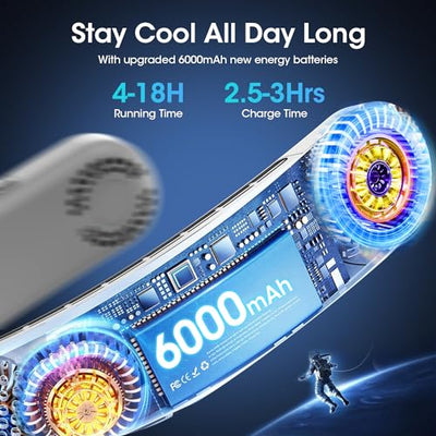 OLV Neck Fan 4 Turbo 6000mAh Portable Neck Fan 360°Cooling Airflow Bladeless Neck Fan USB Rechargeable with 3 Speeds Adjustment Wearable Personal Fan for Outdoor Travel Indoor - Black