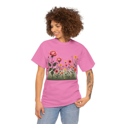 Wildflowers and Pink Roses, Graphic T-Shirts for Women, Floral Shirt, Womens Short Sleeve, Ladies Graphic Tees #5020TTS