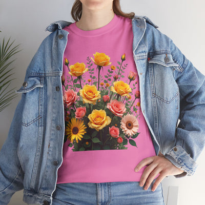 Wildflowers and Pink & Yellow Roses, Graphic T-Shirts for Women, Floral Shirt, Womens Short Sleeve, Ladies Graphic Tees #5141TTS