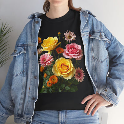 Wildflowers and Pink & Yellow Roses, Graphic T-Shirts for Women, Floral Shirt, Womens Short Sleeve, Ladies Graphic Tees #5148TTS