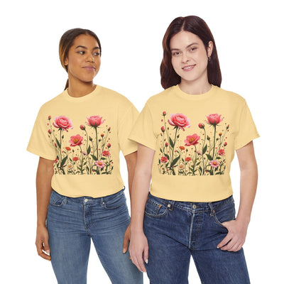 Wildflowers and Pink Roses, Graphic T-Shirts for Women, Floral Shirt, Womens Short Sleeve, Ladies Graphic Tees #5022TTS