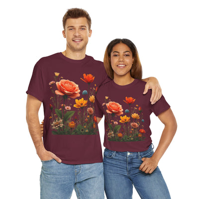 Wildflowers and Orange Roses, Graphic T-Shirts for Women, Floral Shirt, Womens Short Sleeve, Ladies Graphic Tees #5044TTS