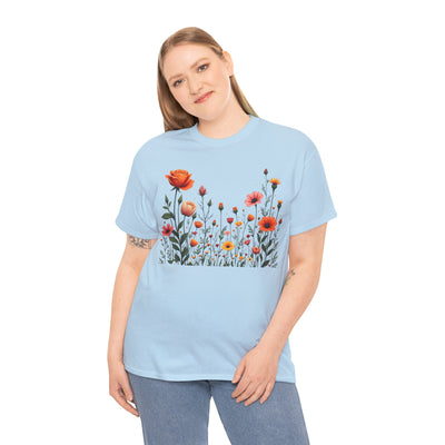 Wildflowers and Orange Roses, Graphic T-Shirts for Women, Floral Shirt, Womens Short Sleeve, Ladies Graphic Tees #5042TTS