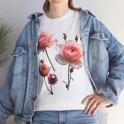Wildflowers and Pink Roses, Graphic T-Shirts for Women, Floral Shirt, Womens Short Sleeve, Ladies Graphic Tees #5019TTS