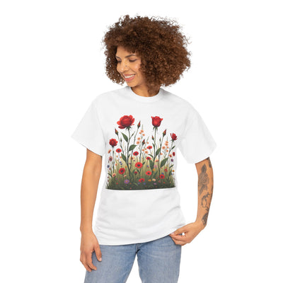 Wildflowers and Red Roses, Graphic T-Shirts for Women, Floral Shirt, Womens Short Sleeve, Ladies Graphic Tees #5032TTS