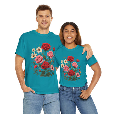 Wildflowers and Pink & Red Roses, Graphic T-Shirts for Women, Floral Shirt, Womens Short Sleeve, Ladies Graphic Tees #5134TTS