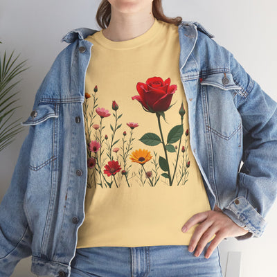 Wildflowers and a Red Rose, Graphic T-Shirts for Women, Floral Shirt, Womens Short Sleeve, Ladies Graphic Tees #5006TTS