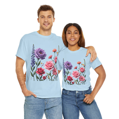 Wildflowers and Pink/Violet Roses, Graphic T-Shirts for Women, Floral Shirt, Womens Short Sleeve, Ladies Graphic Tees #5100TTS