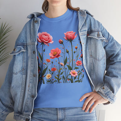 Wildflowers and Pink Roses, Graphic T-Shirts for Women, Floral Shirt, Womens Short Sleeve, Ladies Graphic Tees #5022TTS