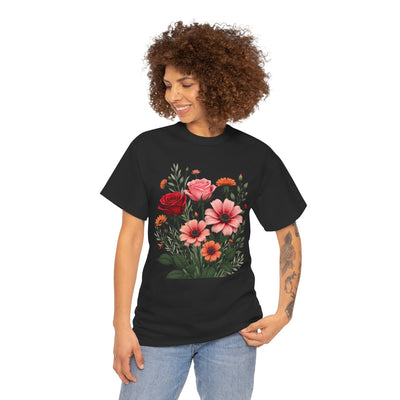 Wildflowers and Pink & Red Roses, Graphic T-Shirts for Women, Floral Shirt, Womens Short Sleeve, Ladies Graphic Tees #5133TTS