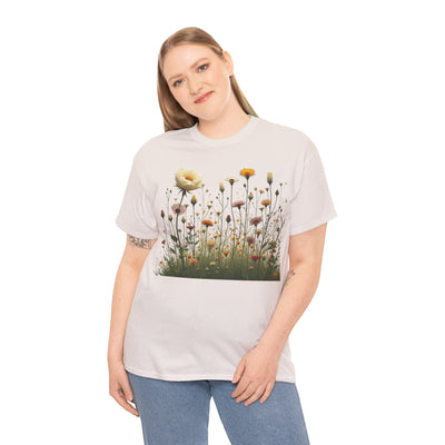 Wildflowers and White Roses, Graphic T-Shirts for Women, Floral Shirt, Womens Short Sleeve, Ladies Graphic Tees #5041TTS
