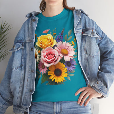 Wildflowers and Pink & Yellow Roses, Graphic T-Shirts for Women, Floral Shirt, Womens Short Sleeve, Ladies Graphic Tees #5145TTS