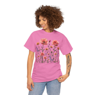 Wildflowers and Pink Roses, Graphic T-Shirts for Women, Floral Shirt, Womens Short Sleeve, Ladies Graphic Tees #5015TTS