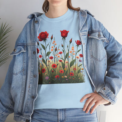 Wildflowers and Red Roses, Graphic T-Shirts for Women, Floral Shirt, Womens Short Sleeve, Ladies Graphic Tees #5032TTS