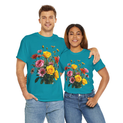 Wildflowers and Pink & Yellow Roses, Graphic T-Shirts for Women, Floral Shirt, Womens Short Sleeve, Ladies Graphic Tees #5138TTS