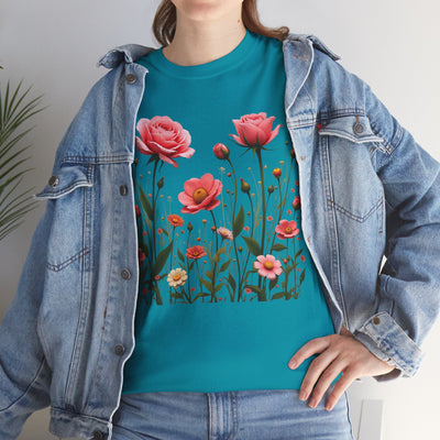 Wildflowers and Pink Roses, Graphic T-Shirts for Women, Floral Shirt, Womens Short Sleeve, Ladies Graphic Tees #5022TTS