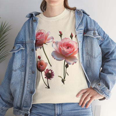 Wildflowers and Pink Roses, Graphic T-Shirts for Women, Floral Shirt, Womens Short Sleeve, Ladies Graphic Tees #5019TTS