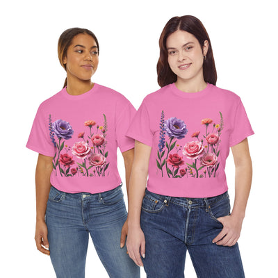 Wildflowers and Pink/Violet Roses, Graphic T-Shirts for Women, Floral Shirt, Womens Short Sleeve, Ladies Graphic Tees #5100TTS