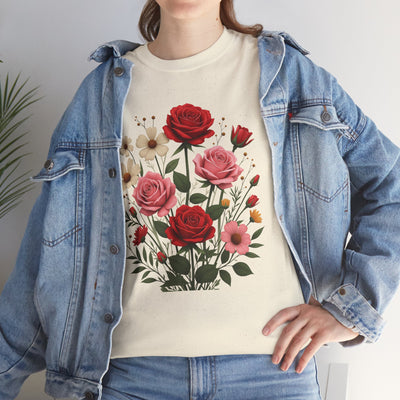 Wildflowers and Pink & Red Roses, Graphic T-Shirts for Women, Floral Shirt, Womens Short Sleeve, Ladies Graphic Tees #5134TTS
